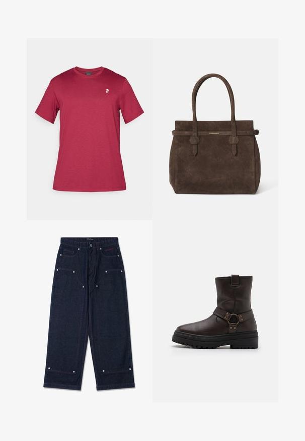 Dobbeltbrystet lang frakke i mørkebrun uldblanding med slået krave, to forlommer og sorte knapper. Glat tekstur.; Mørkerød bomulds t-shirt med korte ærmer, rund hals og et lille hvidt logo på venstre brystområde. Glat tekstur og afslappet design.; Mørk denim bredbukser med to frontlommer, sølvhardware-detaljer og kontrasterende rød syning. Har knaplukning og brandlogo.; Brun læder ankelstøvle med firkantet tå, spændeaccenter og en tyk sort sål. Har en sidelukning med lynlås og tekstureret overflade.; Mørkebrune suede tote-tasker med to håndtag og et vandret bånd med en lille gul DSQUARED2 logo-plakette.