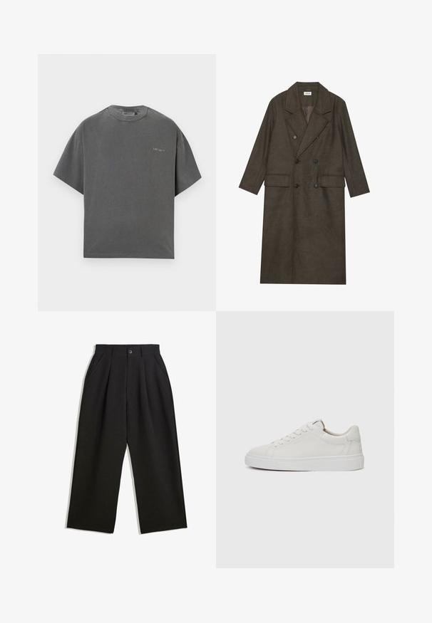 Kétgombos, hosszú kabát sötétbarna gyapjúkeverékből, kiemelkedő gallérral, két elülső zsebbel és fekete gombokkal. Simára csiszolt textúra.; Szürke, túlméretezett, rövid ujjú póló puha pamutkeverékből, kerek nyakkivágással és diszkrét logórésszel a mellen. Simább anyagtextúra.; Fekete, lazán szabott nadrág, elöl redőkkel, oldalsó zsebekkel és gombzárral. Texturált anyagból készült.; Fehér bőr, alacsony szárú sportcipő kerek orral, lapos fehér gumitalppal és minimalista varrási részletekkel. A fűzők hat szemre fűzve.