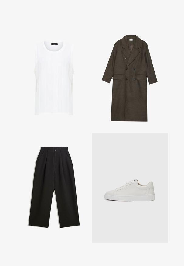 Dvojredno obloženi dolg plašč v temno rjavi mešanici volne, z obreženim ovratnikom, dvema sprednjima žepoma in črnimi gumbi. Gladka tekstura.; Bela brezrokavna majica iz teksturirane tkanine z navpičnim rebrastim vzorcem in okroglo ovratnikom. Enostaven dizajn brez okraskov ali vzorcev.; Črne hlače z sproščenim krojem, z naborki spredaj, stranskimi žepi in gumbom za zapiranje. Narejene so iz strukturirane tkanine.; Bele usnjene superge z nizkim zgornjim delom, okroglo konico, ravnim belim gumijastim podplatom in minimalističnimi šivi. Šnure so pritrjene skozi šest lukenj.