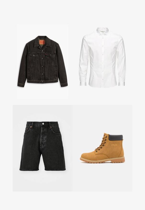 Schwarze Jeansjacke mit klassischem Design, ausgestattet mit zwei Brusttaschen, Knopfverschluss und spitzem Kragen. Strukturierter Stoff mit Stichdetails.; Weißes langärmeliges Hemd mit Knopfleiste aus glattem Stoff. Verfügt über einen klassischen Kragen, eine durchgehende Knopfleiste und Ein-Knopf-Manschetten. Figurbetonter Schnitt.; Schwarze Denim-Shorts mit hoher Taille, fünf Taschen-Design, Kupferknöpfen und einem rohen Saum. Der Stoff hat eine leicht strukturierte Oberfläche mit Ausbleichungen.; Beige Wildleder-Ankle-Boots mit einem schwarzen gepolsterten Kragen, Metall-Ösen und einer strukturierten Gummisohle. Mit geprägtem Logo an der Seite.