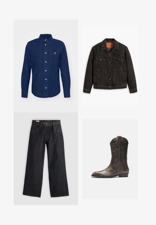 Zwarte spijkerjack met een klassiek ontwerp, voorzien van twee borstzakken, knoopsluiting en een puntige kraag. Gestructureerde stof met stikseldetails.; Lee LEESURE - Overhemd - maple wash; Donker denim wijde broek met een gestrikt taille, voorzien van zijzakken en contrasterende stiksels. Gladde textuur met een strak ontwerp.; Bruine leren cowboylaars met een hoge schacht, spitse neus, ingewikkelde stikpatronen en een kleine hak. Gevarieerde afwerking overal.