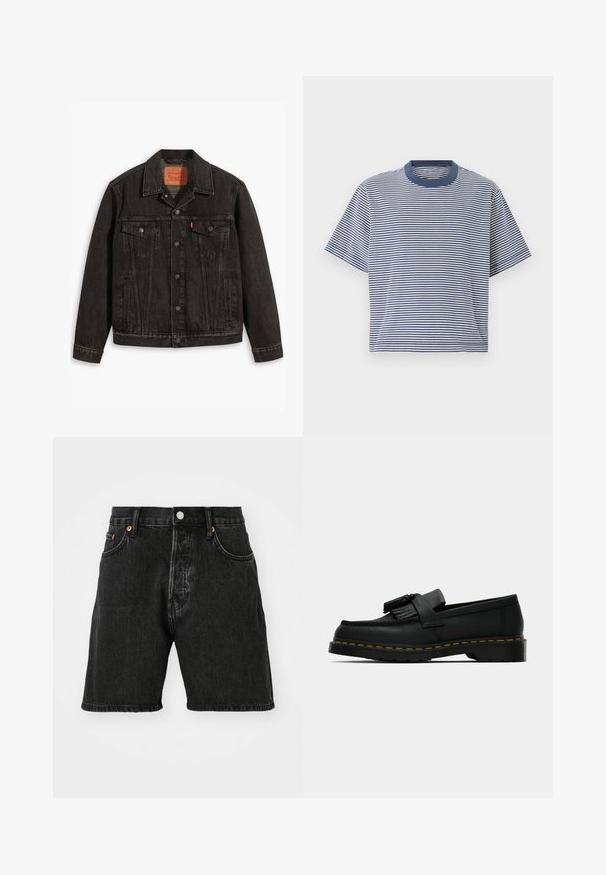 Musta farkkutakki klassisella designilla, jossa on kaksi rintataskua, nappilukko ja kärjellinen kaulus. Teksturoitu kangas, jossa on ompeluyksityiskohtia.; Sinine ja valge triibuline lühikeste varrukatega T-särk ümmarguse kaelusega ja lõdva istuvusega, valmistatud pehmest, kergest kangast.; Mustat denim-shortsit, joissa on korkea vyötärö, viisi taskua, kuparinväriset napit ja raaka helma. Kangas on hieman teksturoitunut ja siinä on haalistumia.; Musta nahkakalvosin tupsuilla, keltainen tikkaus pohjan ympärillä ja paksu, uritettu kumipohja.