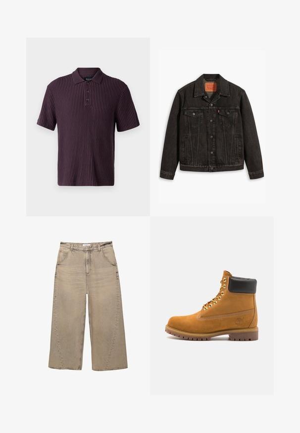 Fekete farmerdzseki klasszikus dizájnnal, két mellzsebbel, gombos záródással és hegyes gallérral. Textúrált anyag, varrási részletekkel.; Abercrombie & Fitch Pólóing - plum perfect; PULL&BEAR MEGA BAGGY - Túlméretezett farmernadrág - light grey; Barna velúr bokacipő fekete párnázott gallérral, arany fém fűzőlyukakkal, fehér varrási részletekkel és durva gumitalppal, amelynek kifejezett barázdái vannak.