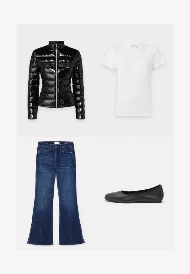 Giacca a vento nera con finitura lucida, chiusura con zip e motivo trapuntato orizzontale. Presenta un colletto alto e dettagli decorativi.; T-shirt bianco in cotone con colletto a girocollo e maniche corte, caratterizzato da una vestibilità rilassata e un design minimalista. Etichetta visibile sul collo.; Jeans a zampa d'elefante blu scuro in denim. Caratterizzati da una vita alta, tasche anteriori e dettagli con spacco all'orlo. Design classico a cinque tasche.; Pantofole da balletto nere in pelle con punta arrotondata, texture liscia, dettagli di cucitura minimi e design con suola flessibile.