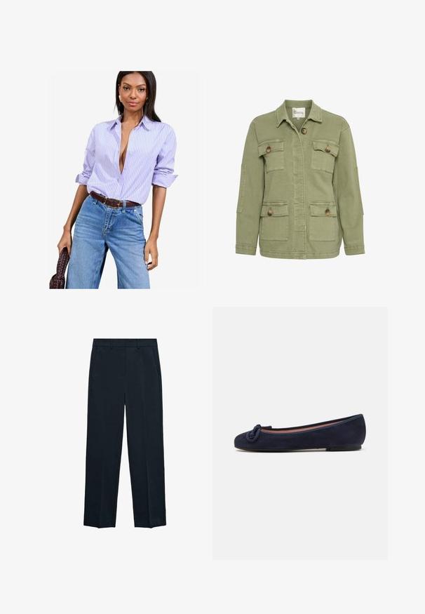Olive zelená bunda vyrobená z bavlneného zmesi, s predným zapínaním na gombíky, štyrmi vreckami a klasickým golierom. Žakárová tkanina.; Košeľa s pruhmi levandulovej a bielej farby s rolujúcimi rukávmi, nosená s vysokými modrými denimovými džínsami a hnedým opaskom.; Námornícke modré nohavice s rovnou nohou, plochým predným dielom, dvoma bočnými vreckami a hladkou textúrou. Žiadne viditeľné vzory alebo akcenty.; Námornícky modré semišové baletné flats s okrúhlou špičkou a uzlovým akcentom na špičke. Nízka, flexibilná podrážka pre pohodlie. Jednoduchý a elegantný dizajn.
