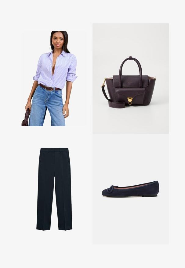 Giacca verde oliva in misto cotone, con chiusura frontale a bottoni, quattro tasche e colletto classico. Finitura in tessuto testurizzato.; Camicia a righe lavanda e bianca con maniche arrotolate, indossata con jeans di denim blu a vita alta e una cintura marrone.; Pantaloni blu navy con un design a gamba dritta, fronte piatto, due tasche laterali e una texture liscia. Nessun motivo o accentuazione visibile.; Ballerine in suede blu navy con punta rotonda e dettaglio annodato sulla punta. Suola bassa e flessibile per il massimo comfort. Design semplice e lineare.; Borsa a mano in pelle viola con un design strutturato, manici superiori, tracolla removibile e dettagli in metallo dorato. Chiusura a patta con logo.