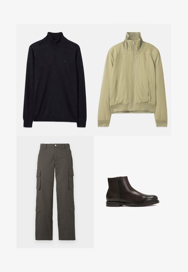 Vaaleanvihreä takki, jossa on korkea kaulus, vetoketjukiinnitys, elastiset hihansuut ja vartalonmyötäinen vyötärö. Tasainen kangas, jossa on hienovaraisia ompelutietoja.; Musta pitkähihaine villapaita, jossa on uritettu korkea kaulus ja puoli vetoketju, vasemmassa rinnassa on hillitty logo.; Valkoinen puuvillapaita, jossa on lyhyet hihat, pyöreä kaula-aukko ja sileä pinta. Kuvioita tai koristeita ei ole näkyvissä.; Tummanharmaat suorat cargo-housut, joissa napitus ja neljä läpällistä taskua, kaksi reiden kohdalla ja kaksi lähellä sääriä.; Musta nahkasaapas nilkkapituisella mallilla, jossa on sileä pinta, pyöreä kärki ja matala korko. Varustettu sivun vetoketjulla, joka helpottaa pukemista.