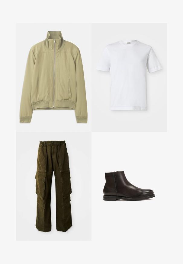 Veste vert clair avec un col montant, fermeture éclair, poignets élastiques et une taille affinée. Tissu lisse avec de subtils détails de couture.; T-shirt en coton blanc à manches courtes, col rond et texture lisse. Aucun motif ni accent visible.; Pantalons cargo en vert olive foncé, fabriqués en coton texturé. Dotés d'une taille élastique, de plusieurs poches latérales et d'une coupe ample.; Bottine en cuir noir avec une texture lisse, bout arrondi et un petit talon. Dispose d'une fermeture éclair sur le côté pour un enfilage facile.