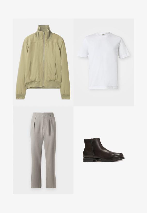 Lys grøn jakke med høj krave, lynlåslukning, elastiske manchetter og en tætsiddende talje. Glat stof med diskrete syninger.; Hvid bomulds t-shirt med korte ærmer, rund halsudskæring og en glat tekstur. Ingen mønstre eller detaljer er synlige.; Grå skræddersyede bukser med en glat tekstur, der har forklædninger foran, bæltestropper og lige ben. Materialet fremstår struktureret og let.; Sort læder ankelstøvle med en glat tekstur, rund tå og lav hæl. Har en side lynlås for nem påtagning.