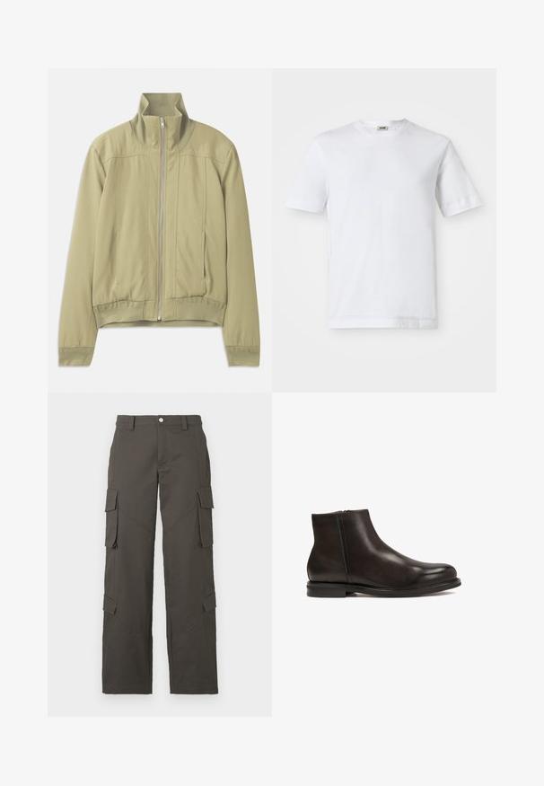 Jasnozielona kurtka z wysokim kołnierzem, zamek błyskawiczny, elastyczne mankiety i dopasowana talia. Gładki materiał z subtelnymi detalami w szwie.; Biała bawełniana koszulka z krótkim rękawem, okrągłym dekoltem i gładką teksturą. Brak widocznych wzorów lub akcentów.; Ciemnoszare, proste spodnie cargo z zapięciem na guzik i czterema kieszeniami z klapkami, dwiema na udach i dwiema w okolicy łydek.; Czarne skórzane botki za kostkę o gładkiej fakturze, zaokrąglonym nosku i niskim obcasie. Posiadają boczny zamek błyskawiczny ułatwiający zakładanie.