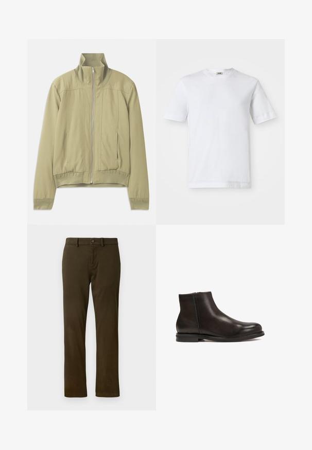 Chaqueta verde claro con cuello alto, cierre de cremallera, puños elásticos y cintura ajustada. Tejido suave con sutiles detalles de costura.; Camiseta de algodón blanca con mangas cortas, escote redondo y una textura suave. No se observan patrones ni detalles.; Pantalones chino de color verde oscuro que presentan un corte clásico, trabillas para cinturón y un cierre de botón en la parte frontal. Tejido liso y texturizado con piernas rectas.; Botín de cuero negro con textura lisa, punta redondeada y tacón bajo. Incluye un zipper lateral para facilitar el calzado.