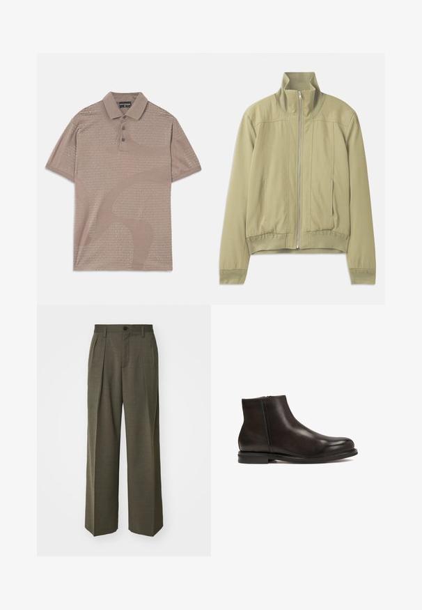 Šviesiai žalia striukė su aukštu apykakle, užtrauktuku, elastingomis rankogaliais ir prigludusia juosta. Lygus audinys su subtiliais siuvinėjimo akcentais.; Šviesiai ruda polo marškinėliai su subtiliu tekstūruotu raštu, trijų mygtukų užsidėjimu ir apykaklės dizainu, kuriame kartojasi prekės ženklo pavadinimas.; Filippa K WIDE TROUSERS - Kelnės - driftwood; Juodos odinės kulkšninių batai su glotnia faktūra, apvalia nosimi ir žemu kulnu. Yra šoninė užtrauktukas, kad būtų lengviau užsidėti.