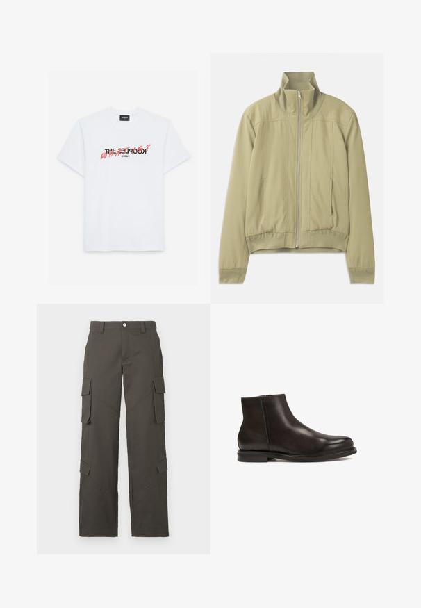 Jasnozielona kurtka z wysokim kołnierzem, zamek błyskawiczny, elastyczne mankiety i dopasowana talia. Gładki materiał z subtelnymi detalami w szwie.; Biała bawełniana koszulka z krótkim rękawem z czarnym i koralowym nadrukiem graficznym. Tekst brzmi: "THE KOOPLES? CO?" oraz "PARYŻ."; Ciemnoszare, proste spodnie cargo z zapięciem na guzik i czterema kieszeniami z klapkami, dwiema na udach i dwiema w okolicy łydek.; Czarne skórzane botki za kostkę o gładkiej fakturze, zaokrąglonym nosku i niskim obcasie. Posiadają boczny zamek błyskawiczny ułatwiający zakładanie.
