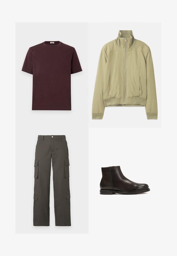 Chaqueta verde claro con cuello alto, cierre de cremallera, puños elásticos y cintura ajustada. Tejido suave con sutiles detalles de costura.; Camiseta de algodón burdeos con cuello redondo, mangas cortas y un corte relajado. Sin logotipos ni patrones visibles. Textura suave.; Pantalones cargo rectos de color gris oscuro con cierre de botón y cuatro bolsillos con solapa, dos en los muslos y dos cerca de las pantorrillas.; Botín de cuero negro con textura lisa, punta redondeada y tacón bajo. Incluye un zipper lateral para facilitar el calzado.