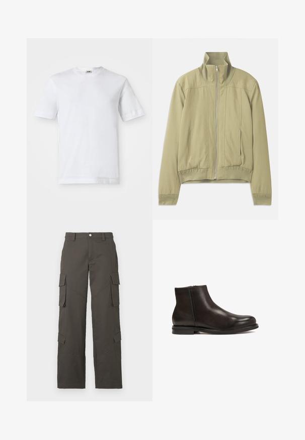 Chaqueta verde claro con cuello alto, cierre de cremallera, puños elásticos y cintura ajustada. Tejido suave con sutiles detalles de costura.; Camiseta de algodón blanca con mangas cortas, escote redondo y una textura suave. No se observan patrones ni detalles.; Pantalones cargo rectos de color gris oscuro con cierre de botón y cuatro bolsillos con solapa, dos en los muslos y dos cerca de las pantorrillas.; Botín de cuero negro con textura lisa, punta redondeada y tacón bajo. Incluye un zipper lateral para facilitar el calzado.