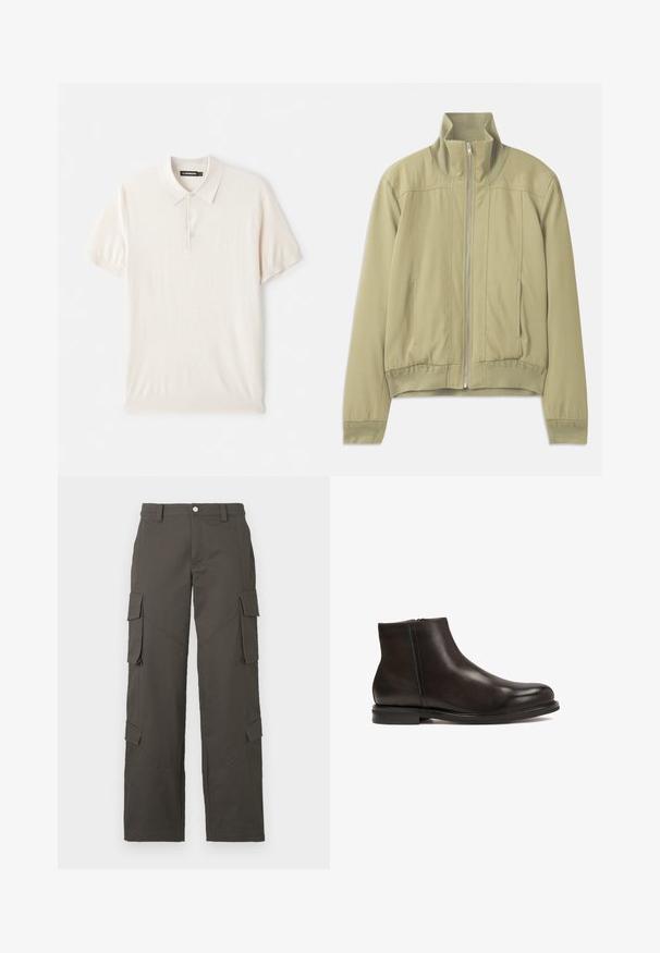 Jachetă verde deschis cu guler înalt, închidere cu fermoar, manșete elastice și talie ajustată. Material neted cu detalii fine de cusătură.; Polo de culoare bej deschis, cu guler clasic, deschidere cu trei nasturi și mâneci scurte. Fabricat dintr-un material moale și neted. Design simplu, fără modele.; Pantaloni cargo drepti, de culoare gri închis, cu închidere cu nasture și patru buzunare cu clapetă, două pe coapse și două aproape de gambe.; Botine negre din piele cu o textură netedă, vârf rotund și toc mic. Au un fermoar lateral pentru a fi ușor de purtat.