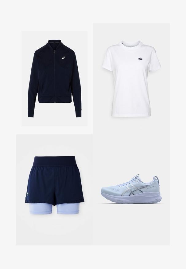 Mornarica jakna na zatvaranje s glatkom tkaninom, s visokim ovratnikom, dugim rukavima i bijelim logotipom na lijevoj prsnoj strani.; Bijela pamučna majica s okruglim izrezom, kratkim rukavima i malim mornarsko plavim logotipom na lijevom prsnom dijelu. Glatka tekstura, ležeran dizajn.; Mornarska plise suknja za tenis s svijetloplavim uskim hlačama ispod i širokim rebrastim pojasom.; Svijetloplavi trkaći tenisice s mrežastim gornjim dijelom, reflektirajućim srebrnim detaljima, podstavljenim potplatom i teksturiranim gumenim gaznim slojem za bolje prianjanje.
