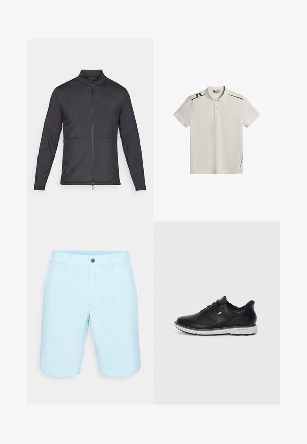 Schwarze leichte Jacke mit Stehkragen, durchgehendem Reißverschluss und elastischen Bündchen. Glatte Textur mit einem leicht gepolsterten Aussehen.; Poloshirt, hellbeige, kurzärmelig, mit Kragen, schwarze Akzente an Schultern und Seiten, aus glattem Stoff, mit Logo-Druck auf der linken Seite.; Helle blaue Shorts aus glattem Stoff, mit flachem Frontdesign, Gürtelschlaufen, einem schlichten Metallknopfverschluss und sauberen Säumen.; Schwarze Leder Schnürsneaker von Skechers mit weißer Sohle, seitlichem Logo und strukturiertem Grip auf der Sohle vor einem schlichten hellen Hintergrund.