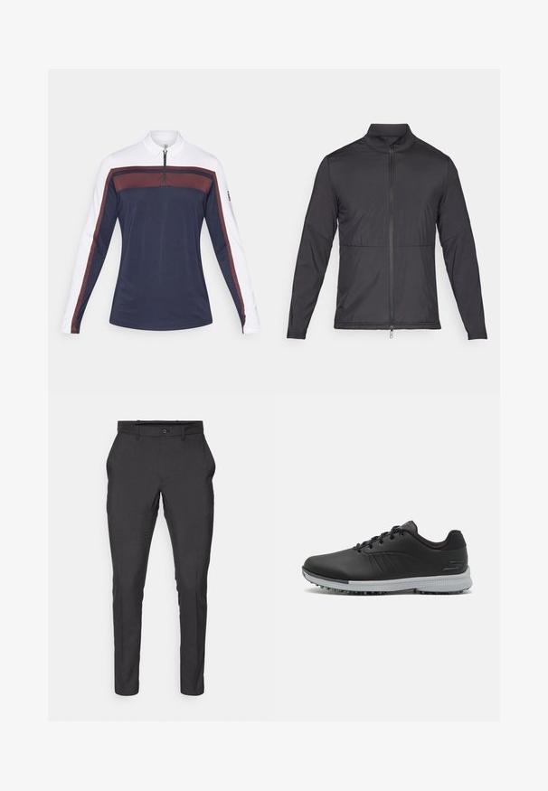 Juodas lengvas švarkas su aukštu apykakle, visišku priekinio užtrauktuko uždarymu ir elastingais rankogaliais. Lygi tekstūra su šiek tiek paminkštintu efektu.; Tamsiai mėlynas polo marškinėliai su ilgomis rankovėmis, su baltais rankovėmis, su užtrauktuko apykakle ir bordo spalvos akcento juostomis krūtinės ir rankovių srityse.; J.LINDEBERG Sports ELOF PANT - Kelnės - black; Juodos sintetinės golfo bateliai su tekstūruotu paviršiumi, raištelių užsegimu ir pilku padu, kuriame yra spygliai sukibimui.