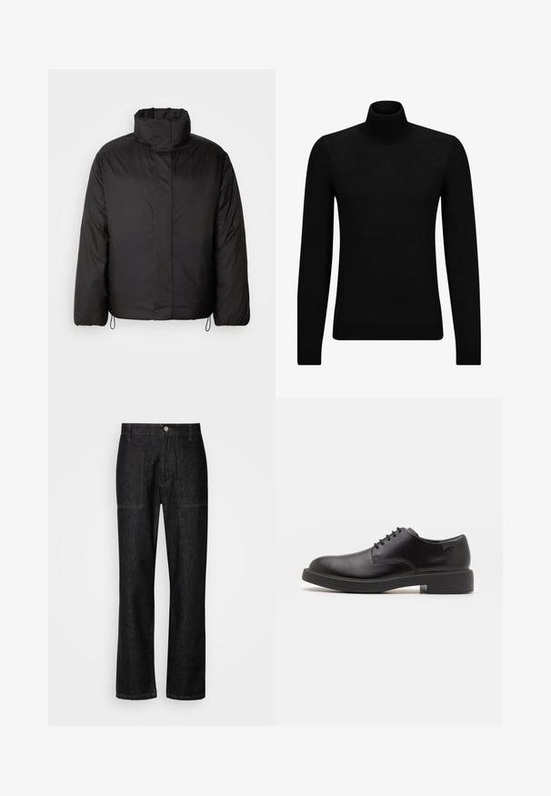 Jachetă puffer neagră cu guler înalt, față cu fermoar, mâneci lungi și șnururi elastice la tiv. Textură netedă și ușoară.; Pulover negru cu guler înalt, realizat dintr-un material moale, cu mâneci lungi și o croială ajustată. Tiv și mansete cu margine ondulată. Design simplu.; Pantaloni din denim negru cu picior drept, cusături vizibile și închidere frontală cu nasture. Include două buzunare laterale și două buzunare la spate.; Pantofii din piele neagră, cu șireturi, au vârful rotunjit, o textură netedă, cusături minime și un toc de cauciuc scăzut. Logo pe toc.