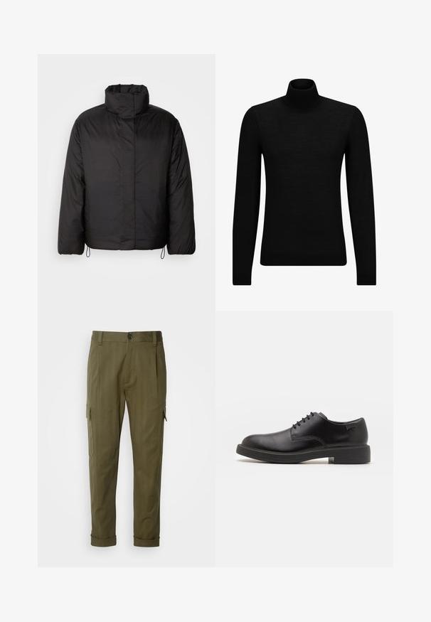 Μαύρο πούφερ μπουφάν με ψηλό γιακά, φερμουάρ μπροστά, μακριά μανίκια και ελαστικές κορδόνες στο κάτω μέρος. Λείο, ελαφρύ υλικό.; Μαύρο πουλόβερ σταυρωτό λαιμό, φτιαγμένο από μαλακό υλικό, με μακριά μανίκια και εφαρμοστή γραμμή. Ριγωτή λεπτομέρεια στο τελείωμα και στους καρπούς. Απλός σχεδιασμός.; BOSS PERIN - Παντελόνι cargo - open green; Μαύρο δερμάτινο παπούτσι με κορδόνια, με στρογγυλή μύτη, λεία υφή, ελάχιστη ραφή και χαμηλή καουτσούκ σόλα. Λογότυπο στη σόλα.