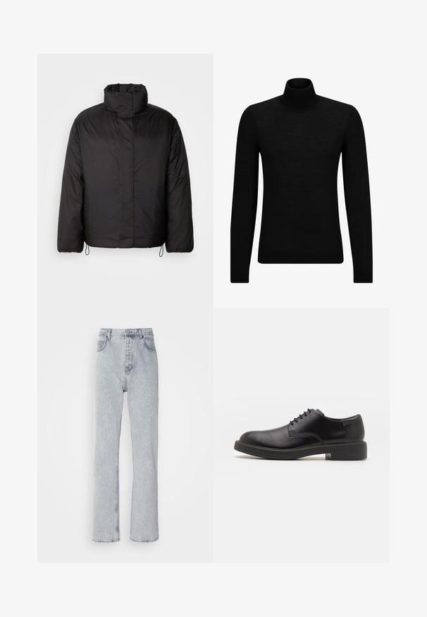 Czarna kurtka puchowa z wysokim kołnierzem, zamkiem błyskawicznym z przodu, długimi rękawami i elastycznymi sznureczkami na dole. Gładka, lekka tekstura.; Czarny sweter z golfem wykonany z miękkiego materiału, z długimi rękawami i dopasowanym krojem. Żebrowane wykończenie na dolnym brzegu i mankietach. Prosty design.; Jasnoszare dżinsy z prostymi nogawkami, wysokim stanem, stylem z pięcioma kieszeniami oraz widocznymi detalami w szwie.; Czarny skórzany but za kostkę z okrągłym noskiem, gładką fakturą, minimalnym przeszyciem i niskim gumowym obcasem. Logo na pięcie.