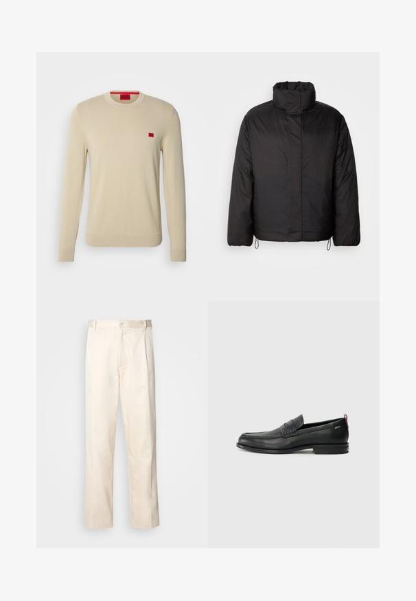 Jachetă puffer neagră cu guler înalt, față cu fermoar, mâneci lungi și șnururi elastice la tiv. Textură netedă și ușoară.; HUGO SAN CASSIUS - Pulover - open beige; Pantaloni din bumbac bej, cu croială dreaptă, dotati cu închidere cu nasture și pliuri în față pentru un plus de detaliu.; Loafers din piele neagră cu un panou frontal texturat și laterale netede. Dispune de un toc subțire și o buclă în spate pentru o purtare ușoară. Design clasic.