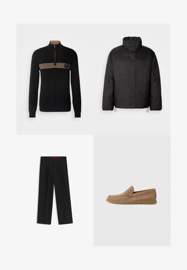 Schwarze Daunenjacke mit hohem Kragen, Reißverschluss vorne, langen Ärmeln und elastischen Kordeln am Saum. Glatte, leichte Textur.; BOSS OPEN - Strickpullover - black; Schwarze weit geschnittene Hosen mit flachem Bund, zwei seitlichen Taschen, gefaltetem Design und einem kontrastierenden roten Innenbund.; Braune Wildleder Slipper mit glatter Textur und gesteppten Details; bietet eine Gummisohle für guten Halt.