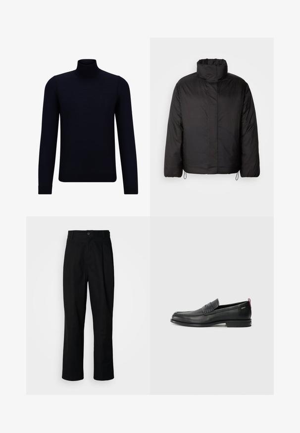 Must mustega jakk kõrge kraega, tõmblukk ees, pikad varrukad ja elastsed nöörid allääres. Siledast, kerge tekstuuriga.; Tume meresinine kõrge kaelusega pitsilise lõikega kampsun, mis on valmistatud peenest kudumiskangast, millel on pikad varrukad ja istuv, kõrge kaelus. Ilma nähtavate mustrite või aksessuaarideta.; Mustad sirged püksid nuppudega vöökoht, vöölõngad ja eesmine voldik, esitatud lihtsa valge tausta ees.; Mustad mustad nahast loafers tekstuuriga esipaneeli ja siledate külgedega. Omab peent kand ja tagumist silmust lihtsaks selga panemiseks. Klassikaline disain.