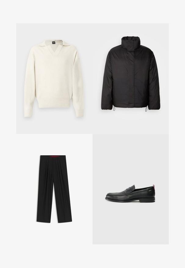 Giacca a vento nera con colletto alto, chiusura lampo frontale, maniche lunghe e cordini elastici all'orlo. Tessuto liscio e leggero.; Maglione bianco lavorato a maglia con scollo a V e colletto corto, caratterizzato da una vestibilità ampia, polsini e orlo a coste per maggiore texture e dettaglio.; Pantaloni neri a gamba larga con fronte piatto, due tasche laterali, design plissettato e un elastico in vita di colore rosso a contrasto.; Mocassini in pelle nera con un pannello anteriore testurizzato e lati lisci. Presentano un tacco sottile e un anello sul retro per una vestibilità facile. Design classico.