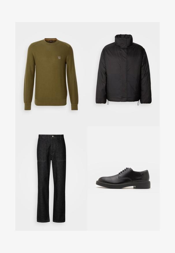 Melna pūkainā jaka ar augstu apkakli, ar rāvējslēdzēju priekšā, garām piedurknēm un elastīgām auklām apakšā. Gluda, viegla tekstūra.; Olīvu zaļš adīts džemperis ar apaļu kaklu, garām piedurknēm, teksturētu audumu un mazu logotipa uzšuvi uz krūtīm. Ribotas piedurknes un apmale.; Melna denim bikses ar taisnu kāju, redzamām šuvēm un priekšējo pogu aizdari. Iekļauj divas sānu kabatas un divas aizmugurējās kabatas.; Melna āda sašūta kurpe ar noapaļotu purngalu, gludu tekstūru, minimālu šuvju skaitu un zemu gumijas papēdi. Logo uz papēža.