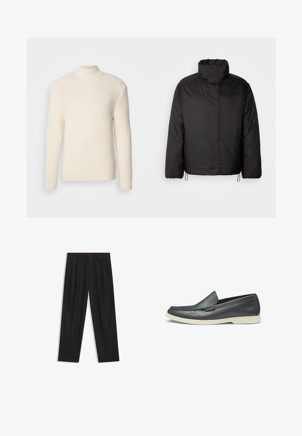 Zwarte pufferjack met hoge kraag, ritssluiting aan de voorkant, lange mouwen en elastische koordjes aan de onderkant. Gladde, lichte textuur.; Crèmekleurig, textuurgebreide trui met lange mouwen en een geribbelde hoge hals, manchetten en zoom op een witte achtergrond.; Zwarte broek met een geplooid ontwerp, wijde pijpen en een zachte textuur. Voorzien van een rode taillebandlabel.; Marine leren instappers met een soepele textuur, slip-on ontwerp en contrasterende witte rubberen zool. Heeft een decoratieve gestikte accent op de bovenkant.