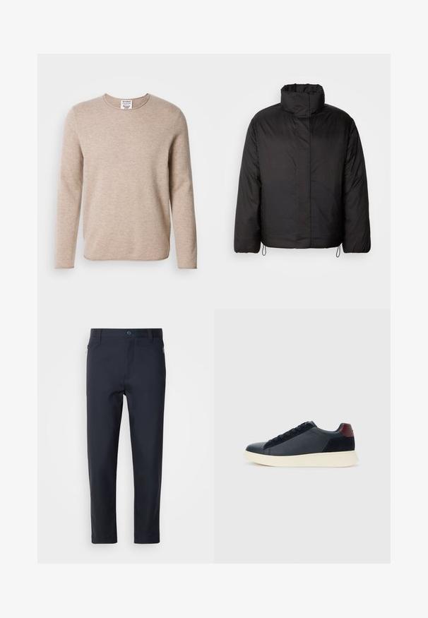 Jachetă puffer neagră cu guler înalt, față cu fermoar, mâneci lungi și șnururi elastice la tiv. Textură netedă și ușoară.; Pulover bej cu mânecă lungă, fabricat dintr-un material moale, cu guler rotund și tiv drept. Prezintă un tricot texturat și un design minimalistic.; Pantaloni ajustați bleu marina dintr-un material neted, cu un buzunar cu fermoar, picioare drepte și o închidere cu nasture la talie.; Sneakeruri pentru bărbați, cu talpă joasă, din piele neagră și suede, cu tab cuum maron și talpă din cauciuc alb, văzute din partea exterioară.