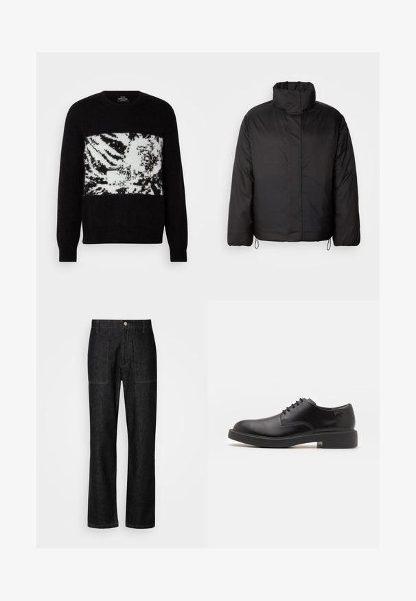 Schwarze Daunenjacke mit hohem Kragen, Reißverschluss vorne, langen Ärmeln und elastischen Kordeln am Saum. Glatte, leichte Textur.; Schwarzer Pullover mit einem weißen, abstrakten Zebra-Muster auf der Brust. Hergestellt aus weichem Material mit gerippten Bündchen und rundem Ausschnitt.; Schwarze Jeans mit geradem Bein, sichtbaren Nähten und einem Frontknopfverschluss. Enthält zwei Seitentaschen und zwei Gesäßtaschen.; Schwarzer Leder-Schnürschuh mit abgerundetem Zeh, glatter Textur, minimaler Naht und niedrigem Gummiabsatz. Logo auf der Ferse.