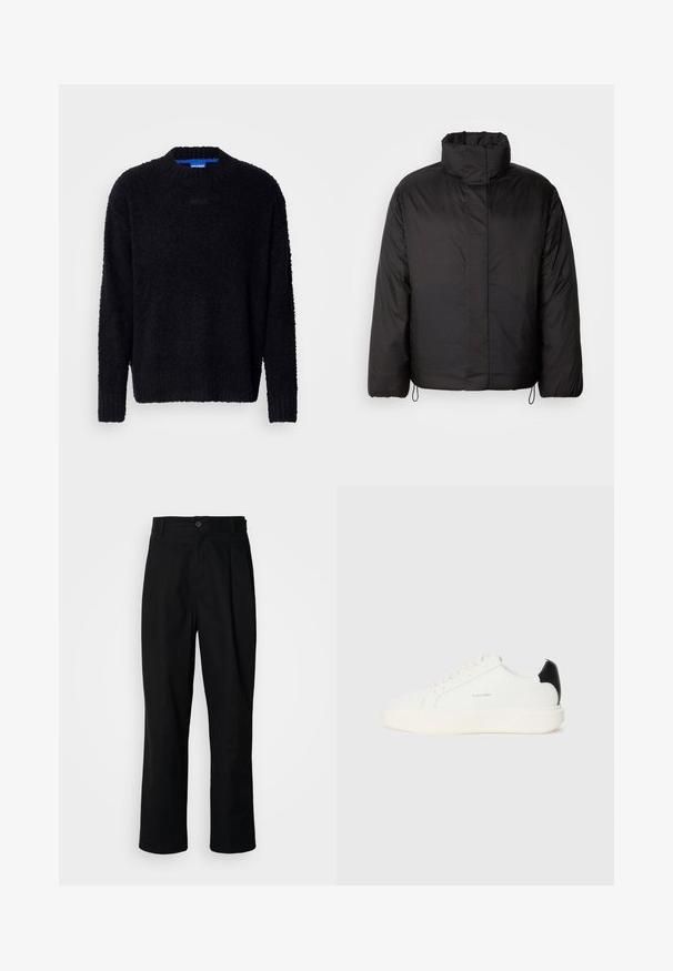 Juodas pūkinis švarkas su aukštu apykakle, užtrauktuku priekyje, ilgomis rankovėmis ir elastingais raišteliais hemėje. Lygus, lengvas tekstūras.; Juodas megztinis, pagamintas iš struktūruotos megzto audinio, su apvali apykakle, ilgomis rankovėmis ir įjungiamais rankogaliais bei apačia. Subtili ženklinimo vieta ant krūtinės.; Juodas tiesus kojų kelnes su sagomis juosmenyje, diržo kilpomis ir priekine raukšle, parodytas prieš paprastą baltą foną.; Baltas odinis sportinis batelis su juodu akcentu ant kulno, apvalia nosimi, plokščiomis raištelėmis ir storu baltu padu. Calvin Klein logotipas.