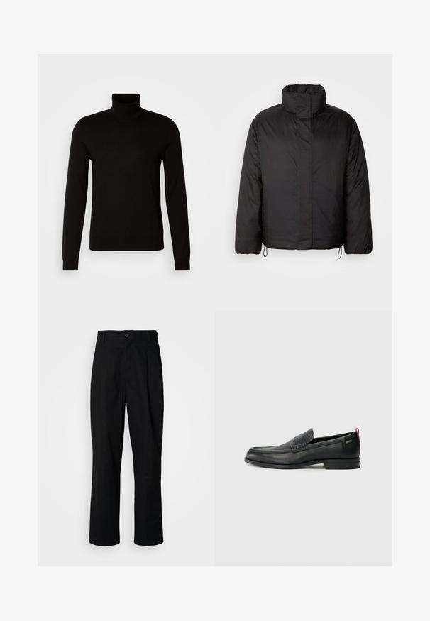 Svart dunjakke med høy krage, glidelås foran, lange ermer og elastiske snorer i kanten. Glatt, lett tekstur.; Svart høyhalset genser laget av et finstrikket stoff, med lange ermer og en tettsittende silhuett. Glatt tekstur med ribbestrikkede mansjetter.; Sorte bukser med rette ben, med knappet liv, belteholdere og frontfold, vist mot en enkel hvit bakgrunn.; Svarte lær loafers med teksturert frontpanel og glatte sider. Har en slank hæl og bakløkke for enkel påkledning. Klassisk design.