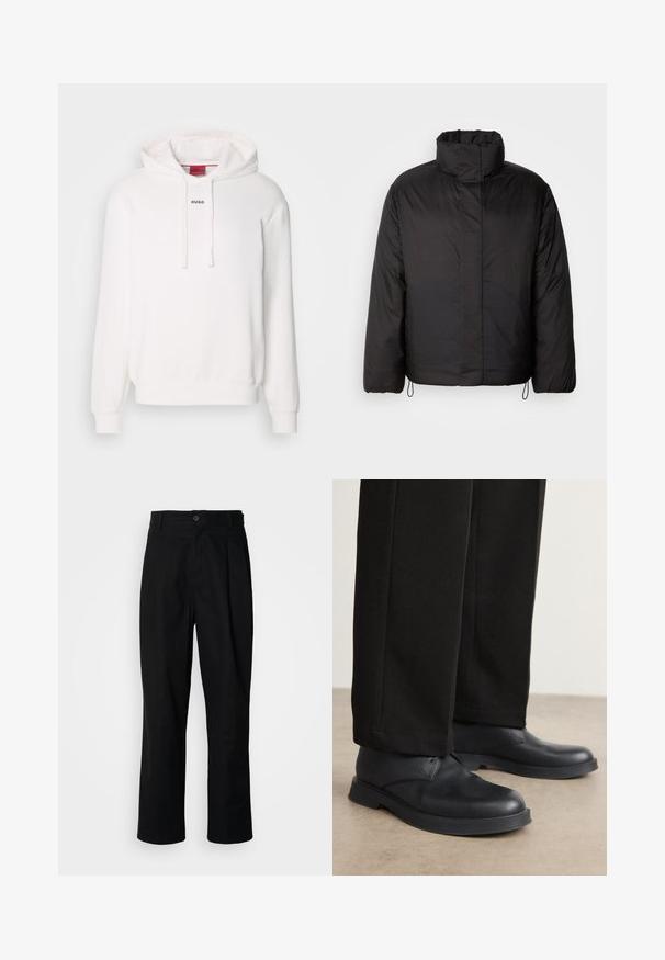 Black puffer jacket with high collar, zippered front, long sleeves, and elastic drawstrings at the hem. Smooth, lightweight texture.; White hoodie with long sleeves, drawstring hood, front kangaroo pocket, and subtle “HUGO” logo on the chest. Soft fabric texture.; Black straight-leg trousers with a buttoned waistband, belt loops, and front crease, displayed against a plain white background.; Black leather shoes with a rounded toe, flat sole, and minimal detailing. Paired with tailored black pants, showing smooth texture.