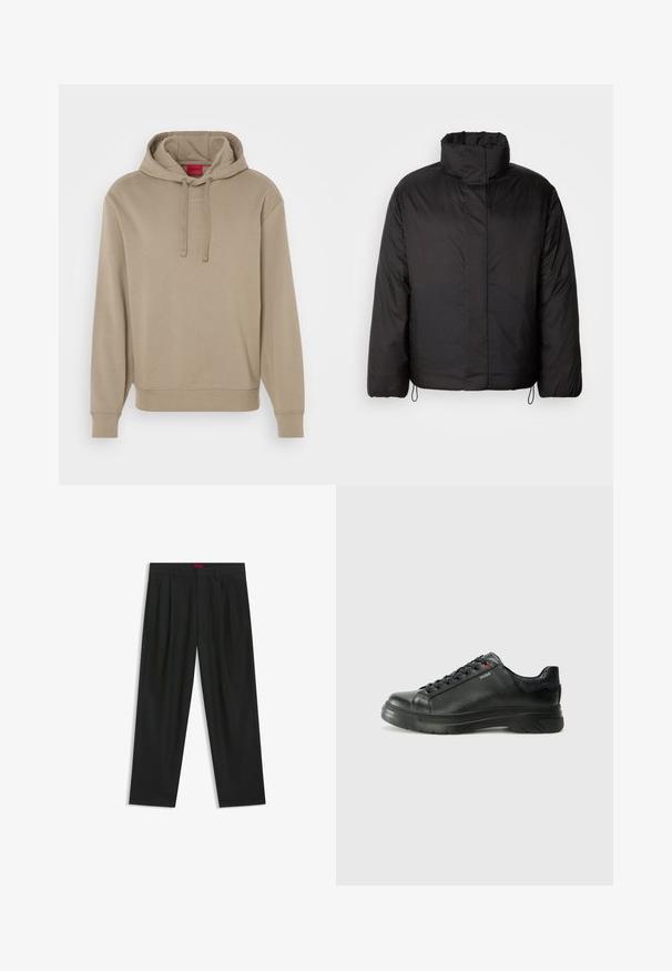 Svart pufferjacka med hög krage, dragkedja framtill, långa ärmar och elastiska snoddar vid fållen. Slät, lätt textur.; Hugo-märke beige hoodie med dragsko i huvan, ribbad mudd och nederkant, med en diskret logotyp på bröstet. Slät tygtextur.; Svarta byxor med vikta detaljer, bred benform och en slät textur. Har en röd midjebandsetikett.; Svart lädersneaker med texturerad ovandel, vadderat krage och röd logotypdetalj. Utrustad med en tjock gummisula med distinkt mönster.