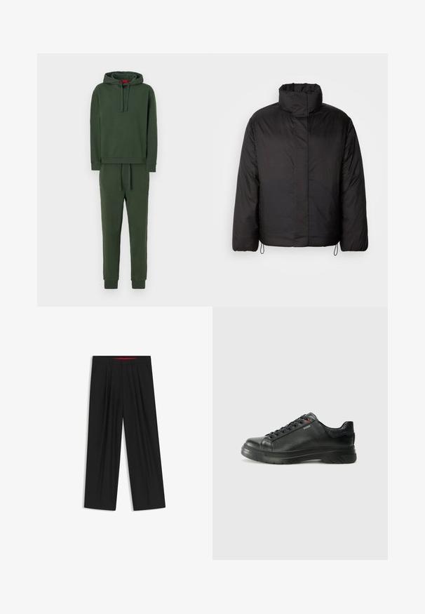 Chaqueta de plumas negra con cuello alto, cierre frontal con cremallera, mangas largas y cordones elásticos en el dobladillo. Textura suave y ligera.; Conjunto de sudadera con capucha y pantalones de chándal en verde oscuro. Tejido suave, corte relajado, cordón ajustable en la cintura y puños acanalados en las mangas y tobillos.; Pantalones de pierna ancha negros con parte delantera plana, dos bolsillos laterales, diseño plisado y una cinturilla interior roja en contraste.; Zapatilla negra de cuero con parte superior texturizada, cuello acolchado y detalle del logo en rojo. Presenta una suela de goma gruesa con un patrón de relieve distintivo.