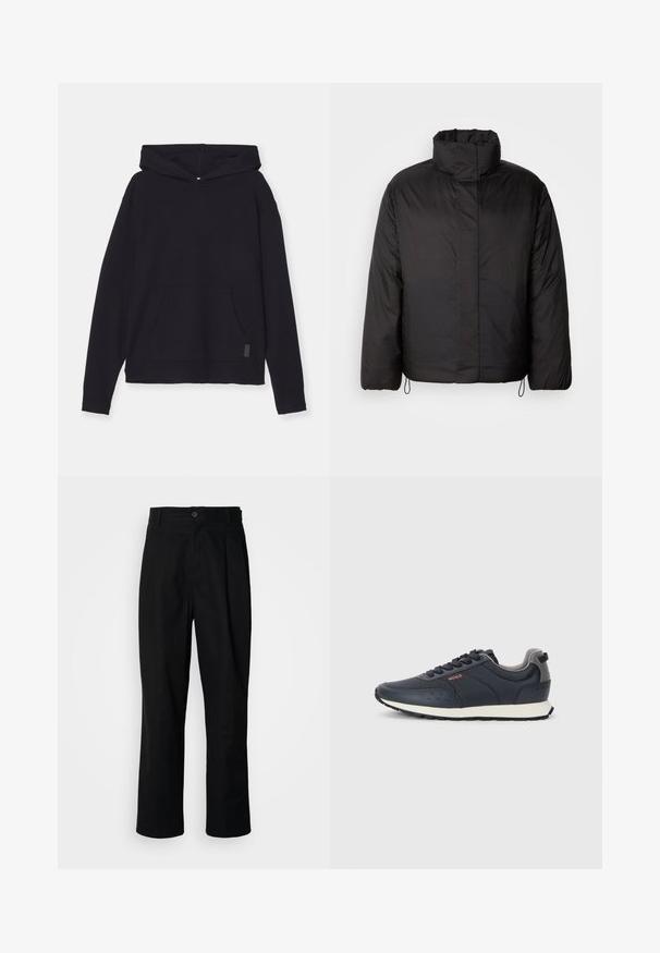 Juodas pūkinis švarkas su aukštu apykakle, užtrauktuku priekyje, ilgomis rankovėmis ir elastingais raišteliais hemėje. Lygus, lengvas tekstūras.; Juoda gobtuvinė sportinė palaidinė, pagaminta iš minkštos medžiagos. turi priekinę kišenę, nuleistus pečius ir raibotus rankogalius. Paprastas, kasdienis dizainas.; Juodas tiesus kojų kelnes su sagomis juosmenyje, diržo kilpomis ir priekine raukšle, parodytas prieš paprastą baltą foną.; Tamsiai mėlyni sportbačiai su lygiu sintetinės medžiagos viršumi, su apvaliu kojų galiuku, pilkomis detalėmis, raištelių užsegimu ir balta tarpine bei tekstūruota juoda pačiuose.