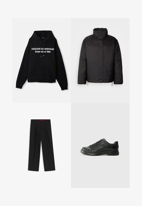 Black puffer jacket with high collar, zippered front, long sleeves, and elastic drawstrings at the hem. Smooth, lightweight texture.; Black fleece hoodie with a central white graphic text reading "DSQUARED2 HERITAGE Established 1995." Features a front pocket and drawstring hood.; Black wide-leg trousers with a flat front, two side pockets, pleated design, and a contrasting red interior waistband.; Black leather sneaker with textured upper, padded collar, and red logo detail. Features a thick rubber sole with distinct tread pattern.
