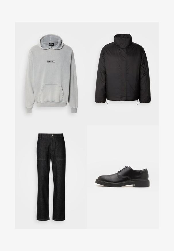 Černá péřová bunda s vysokým límcem, zapínáním na zip, dlouhými rukávy a elastickými stahovacími šňůrami na spodním lemu. Hladký, lehký materiál.; Světle šedá mikina s kapucí, přední kapsou, žebrovanými manžetami a lemem; na hrudi má černý potisk loga "mnc". Materiál: bavlna.; Černé džínové kalhoty se rovnými nohavicemi, viditelným šitím a předním knoflíkovým uzávěrem. Obsahují dvě boční kapsy a dvě zadní kapsy.; Černé kožené šněrovací boty s kulatou špičkou, hladkým povrchem, minimálním prošíváním a nízkým gumovým podpatkem. Logo na patě.