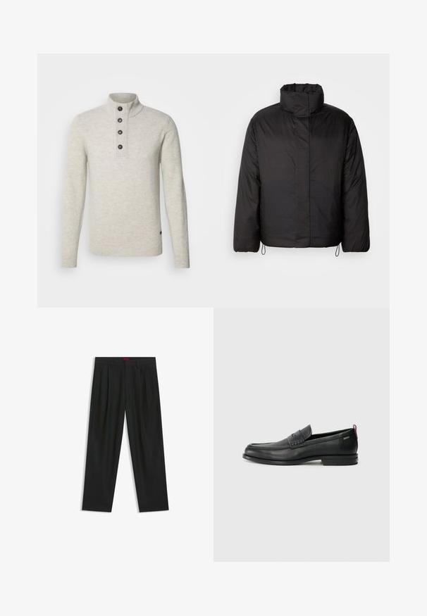 Schwarze Daunenjacke mit hohem Kragen, Reißverschluss vorne, langen Ärmeln und elastischen Kordeln am Saum. Glatte, leichte Textur.; Barbour Strickpullover - pearl; Schwarze Hose mit einem gefältelten Design, weiter Beinform und glatter Textur. Verfügt über ein rotes Taillenlabel.; Schwarze Lederloafers mit einem strukturierten Vorderteil und glatten Seiten. Sie verfügen über einen schmalen Absatz und eine Schlaufe an der Rückseite für einfaches Anziehen. Klassisches Design.