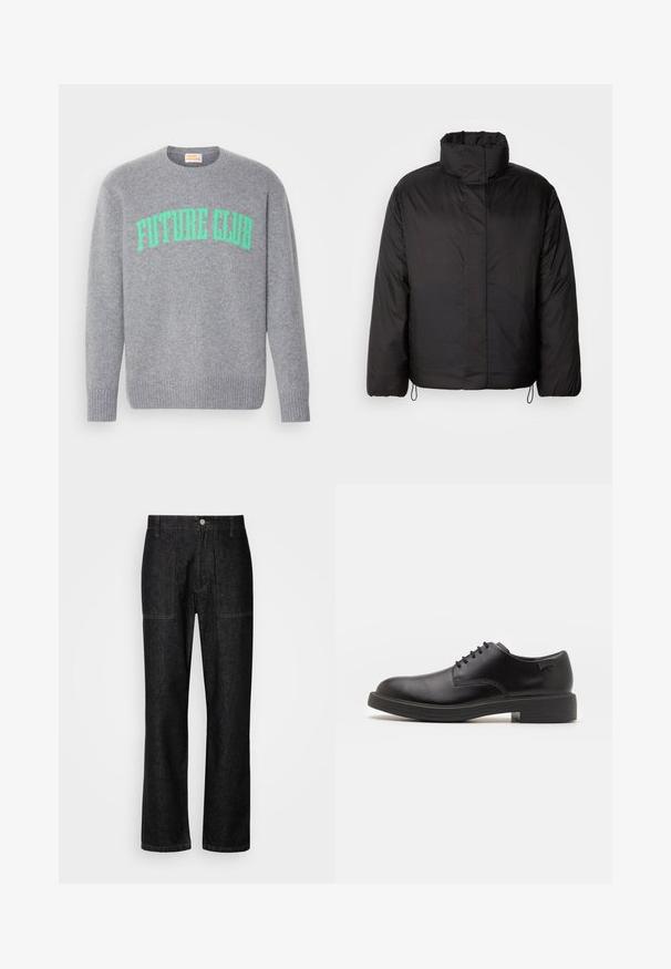Fekete puffernadrág magas gallérral, cipzáras elülső résszel, hosszú ujjakkal és elasztikus húzózsinórokkal az alján. Simaszerű, könnyű anyag.; Szürke kötött pulóver bordás mandzsettákkal és aljjal. Az elején vastag zöld betűkkel a "FUTURE CLUB" felirat látható. Kerek nyakkivágás.; Fekete farmernadrág, egyenes lábakkal, látható varrással és elülső gombzárral. Két oldalsó zsebbel és két hátsó zsebbel rendelkezik.; Fekete bőrcipő, kerek orrú, sima felületű, minimális varrással és alacsony gumitalppal. Logó a sarokrészen.