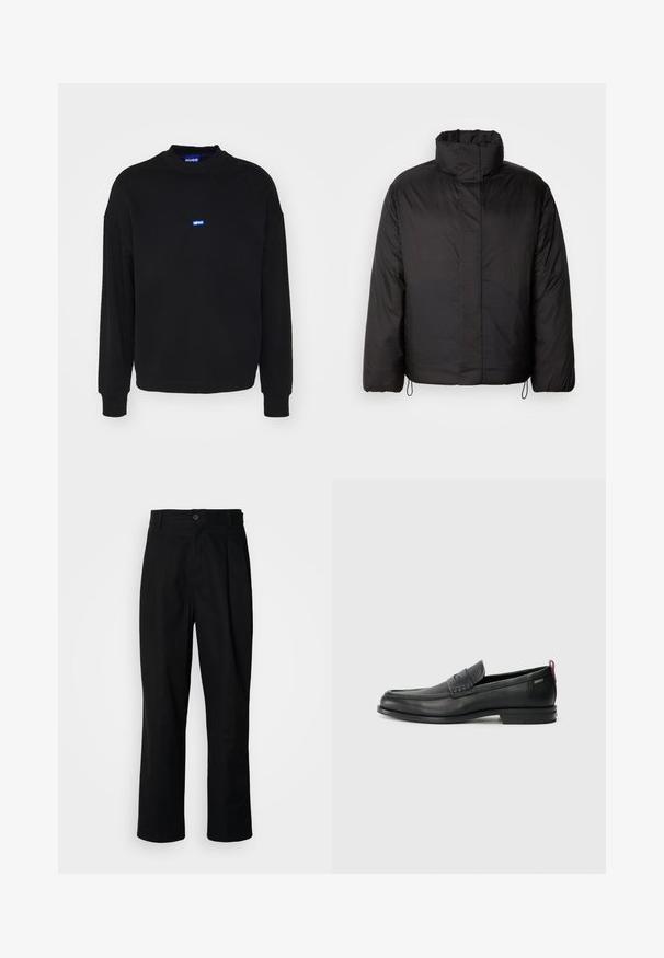 Black puffer jacket with high collar, zippered front, long sleeves, and elastic drawstrings at the hem. Smooth, lightweight texture.; Black sweatshirt with long sleeves and ribbed cuffs. Features a small blue logo centered on the chest. Made of soft fabric.; Black straight-leg trousers with a buttoned waistband, belt loops, and front crease, displayed against a plain white background.; Black leather loafers with a textured front panel and smooth sides. Features a slim heel and rear loop for easy wear. Classic design.