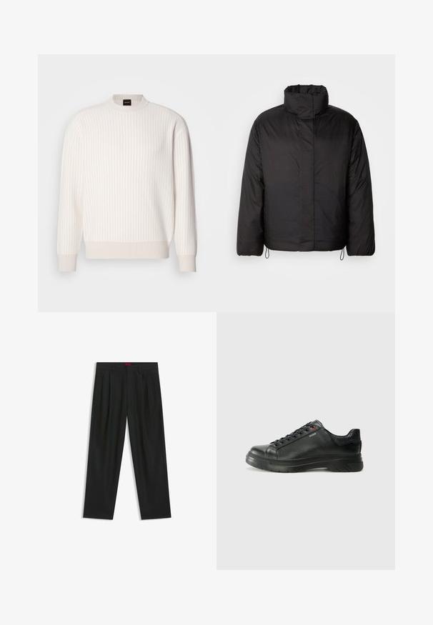 Black puffer jacket with high collar, zippered front, long sleeves, and elastic drawstrings at the hem. Smooth, lightweight texture.; White ribbed sweater with a round neckline and long sleeves. Features a textured fabric with a soft finish and subtle horizontal lines.; Black trousers with a pleated design, wide leg shape, and a smooth texture. Features a red waistband tag.; Black leather sneaker with textured upper, padded collar, and red logo detail. Features a thick rubber sole with distinct tread pattern.