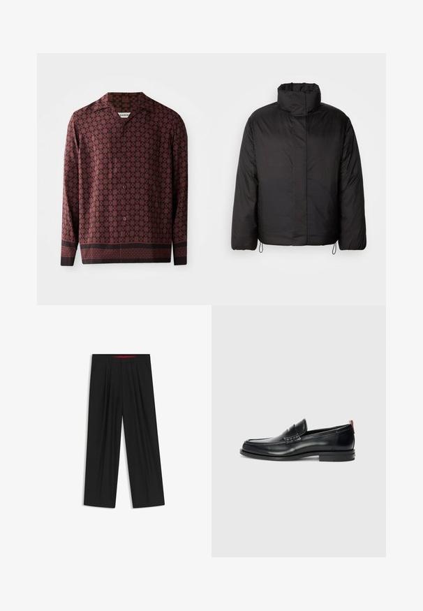 Schwarze Daunenjacke mit hohem Kragen, Reißverschluss vorne, langen Ärmeln und elastischen Kordeln am Saum. Glatte, leichte Textur.; Langarmhemd mit burgunderfarbenem geometrischem Muster, spitzem Kragen und Knopfverschluss vorne. Hergestellt aus glattem Material in lockerer Passform.; Schwarze weit geschnittene Hosen mit flachem Bund, zwei seitlichen Taschen, gefaltetem Design und einem kontrastierenden roten Innenbund.; Schwarze Lederloafer mit schlankem Design, runder Zehenform, strukturiertem Akzent auf dem Vorderblatt und gummierter Sohle für besseren Halt. Mit Rückziehschlaufe.