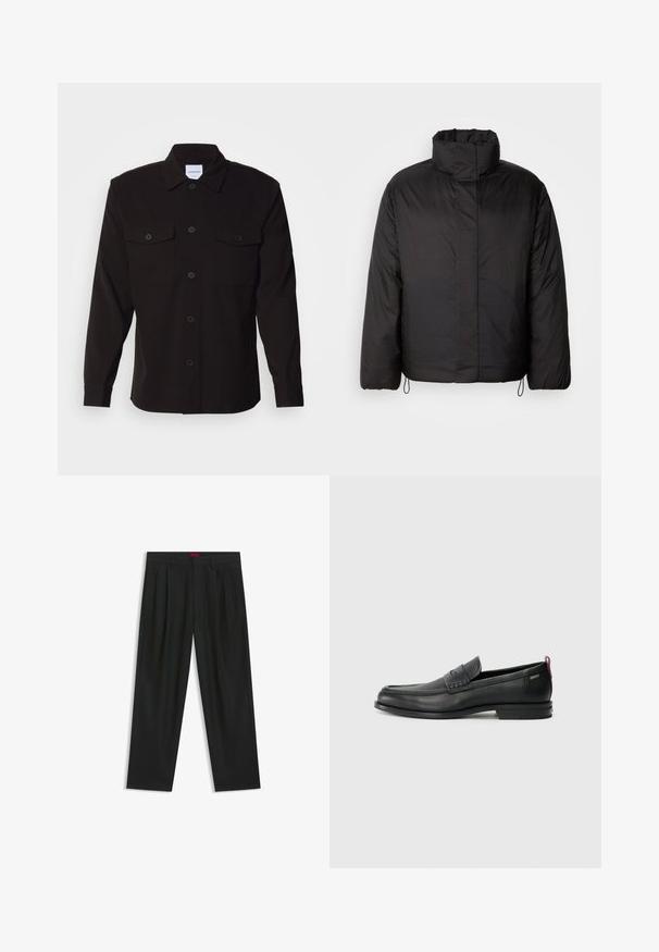 Black puffer jacket with high collar, zippered front, long sleeves, and elastic drawstrings at the hem. Smooth, lightweight texture.; Black long-sleeve shirt with a button-down front, two chest pockets, and a structured collar. Made from a solid fabric with a smooth texture.; Black trousers with a pleated design, wide leg shape, and a smooth texture. Features a red waistband tag.; Black leather loafers with a textured front panel and smooth sides. Features a slim heel and rear loop for easy wear. Classic design.