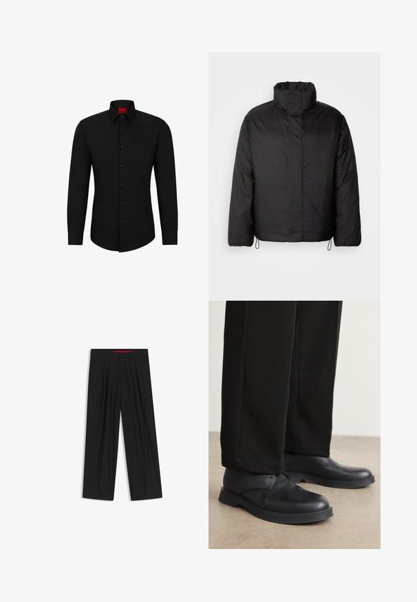 Zwarte pufferjack met hoge kraag, ritssluiting aan de voorkant, lange mouwen en elastische koordjes aan de onderkant. Gladde, lichte textuur.; Zwarte blouse met lange mouwen, knoopsluiting aan de voorkant, klassieke kraag en ronde onderkant; voorzien van zwarte knopen en een rood logo binnenin de kraag.; Zwarte wijde broek met een vlakke voorkant, twee zijzakken, geplooid ontwerp en een contrasterende rode binnenband.; Zwarte lederen schoenen met een ronde neus, platte zool en minimale details. Gecombineerd met stijlvolle zwarte broek, die een gladde textuur laat zien.