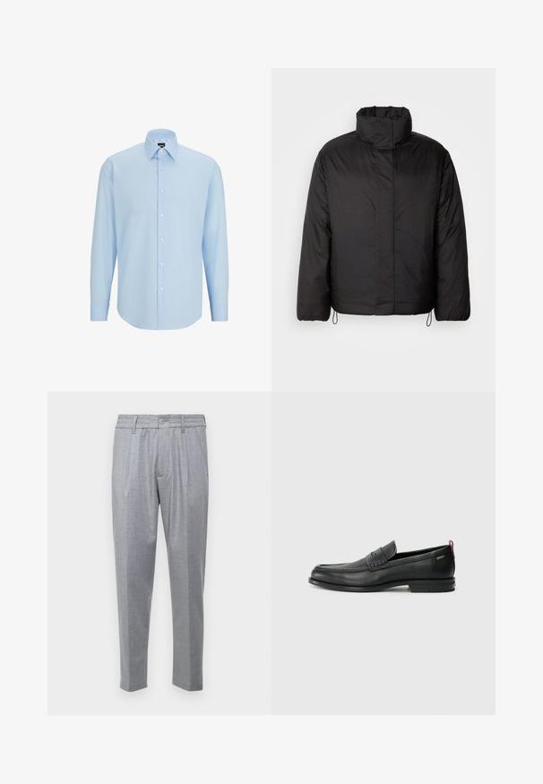 Juodas pūkinis švarkas su aukštu apykakle, užtrauktuku priekyje, ilgomis rankovėmis ir elastingais raišteliais hemėje. Lygus, lengvas tekstūras.; Šviesiai mėlynas ilgomis rankovėmis marškiniai pagaminti iš lygaus audinio, su mygtukų užsegimu priekyje, smailiu apykaklės dizainu ir įprastu žiūrėjimu.; Šviesiai pilki kelnės su tekstūruotu audiniu, turinčios raukšles, klasikinį liemenį ir siaurėjantį siluetą. Priekyje yra mygtuko užsegimas.; Juodi odiniai loafersai su tekstūruotu priekinės dalies panele ir lygiomis šoninėmis dalimis. Yra plonas kulnas ir užpakalinė kilpa patogiam užsidėjimui. Klasikinis dizainas.